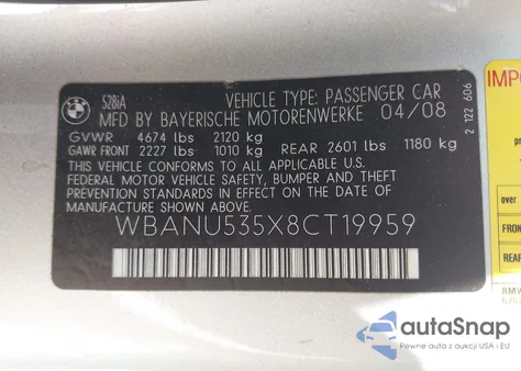2008 BMW 528I z USA, uszkodzony, nr VIN WBANU535X8CT19959